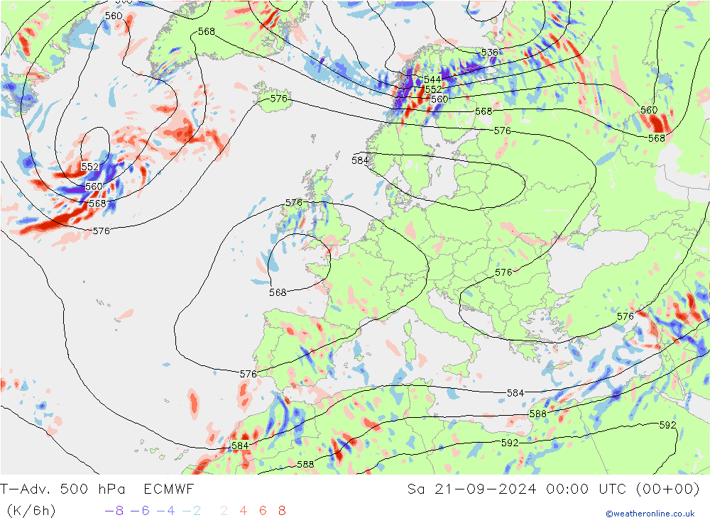 T-Adv. 500 hPa ECMWF 星期六 21.09.2024 00 UTC