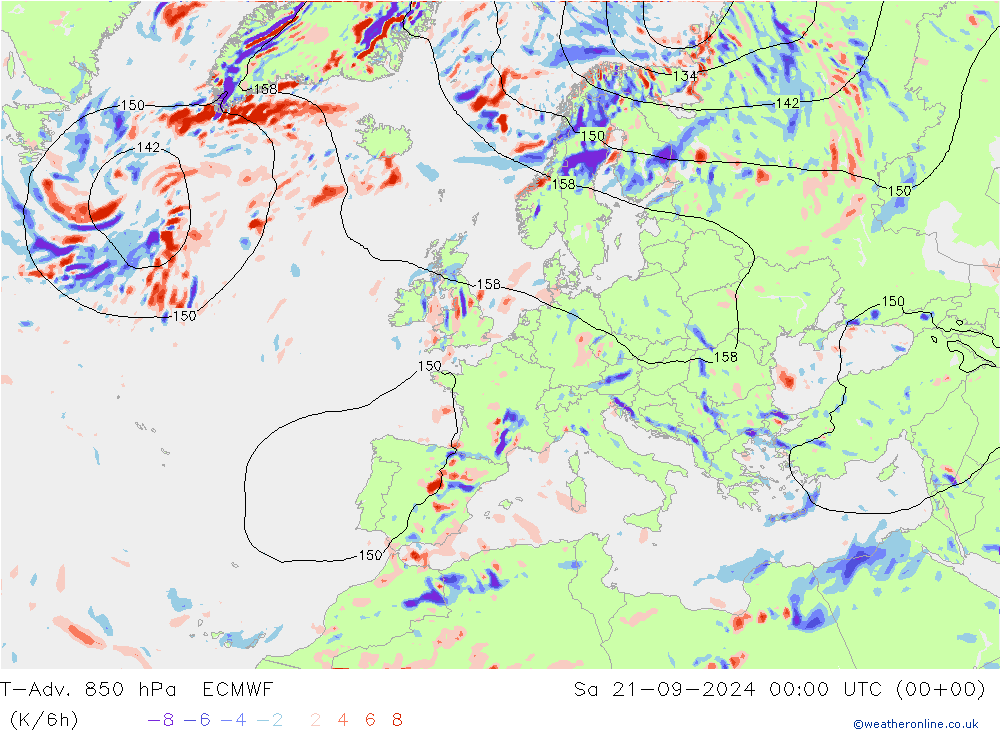 T-Adv. 850 hPa ECMWF 星期六 21.09.2024 00 UTC