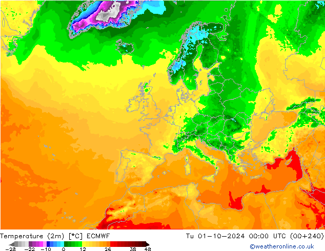 温度图 ECMWF 星期二 01.10.2024 00 UTC