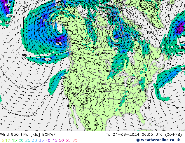 Wind 950 hPa ECMWF Di 24.09.2024 06 UTC