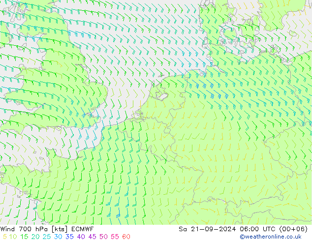 风 700 hPa ECMWF 星期六 21.09.2024 06 UTC