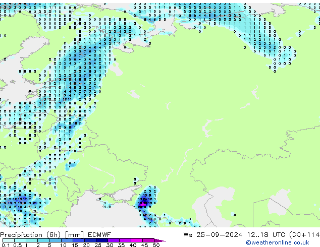 Precipitation (6h) ECMWF We 25.09.2024 18 UTC