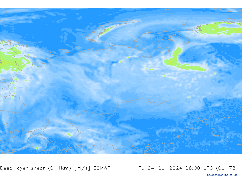 Deep layer shear (0-1km) ECMWF Tu 24.09.2024 06 UTC