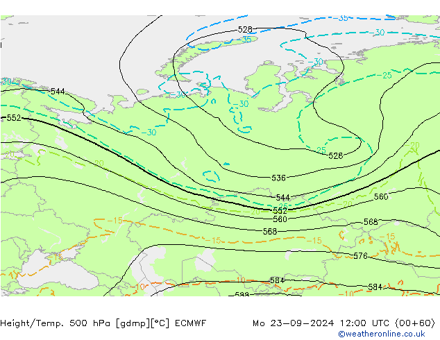 Z500/Rain (+SLP)/Z850 ECMWF Mo 23.09.2024 12 UTC