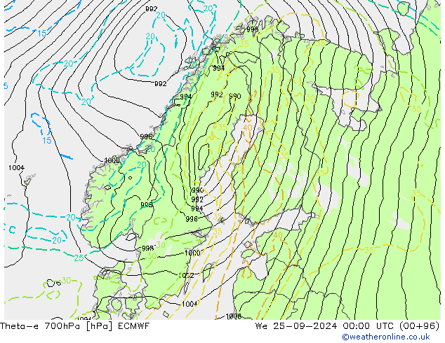 Theta-e 700hPa ECMWF Mi 25.09.2024 00 UTC