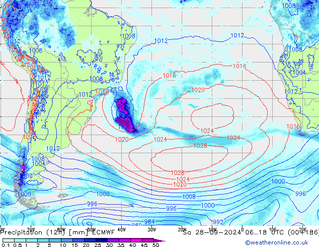 Precipitation (12h) ECMWF Sa 28.09.2024 18 UTC