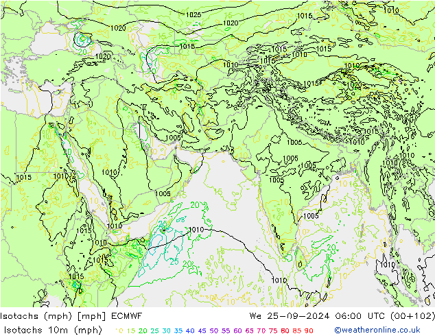 Isotachs (mph) ECMWF 星期三 25.09.2024 06 UTC