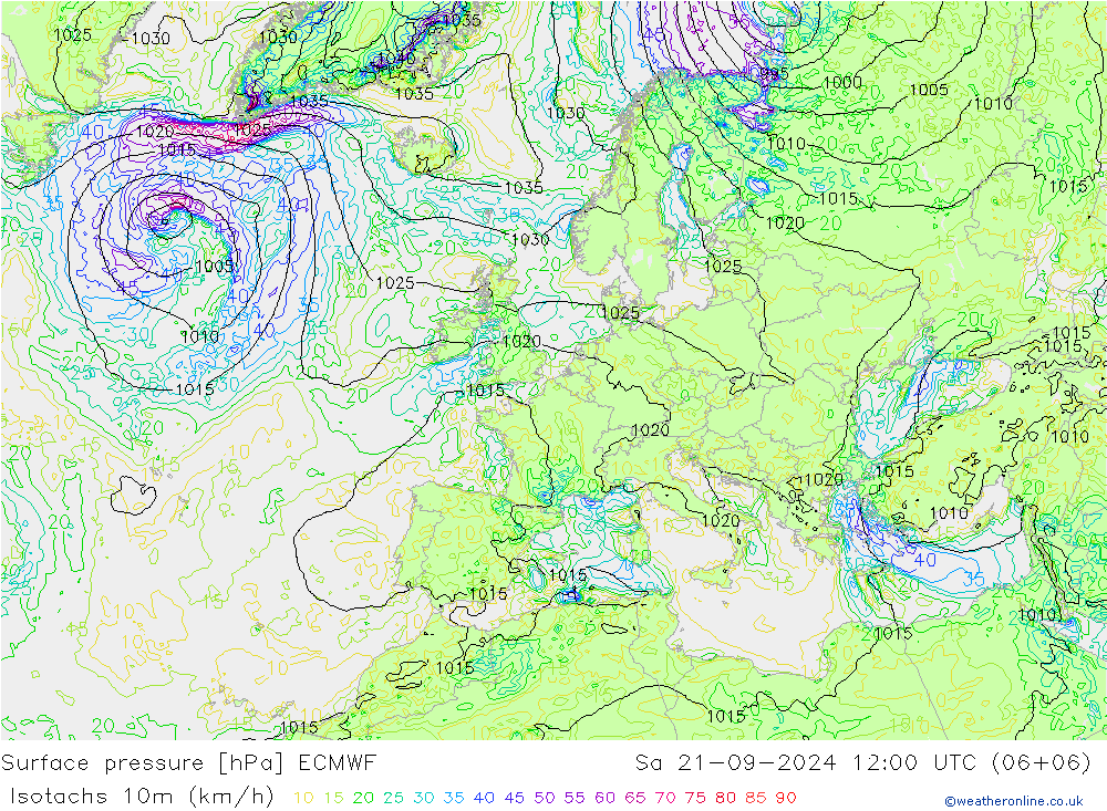 10米等风速线 (kph) ECMWF 星期六 21.09.2024 12 UTC