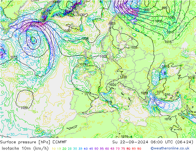 Isotachen (km/h) ECMWF zo 22.09.2024 06 UTC