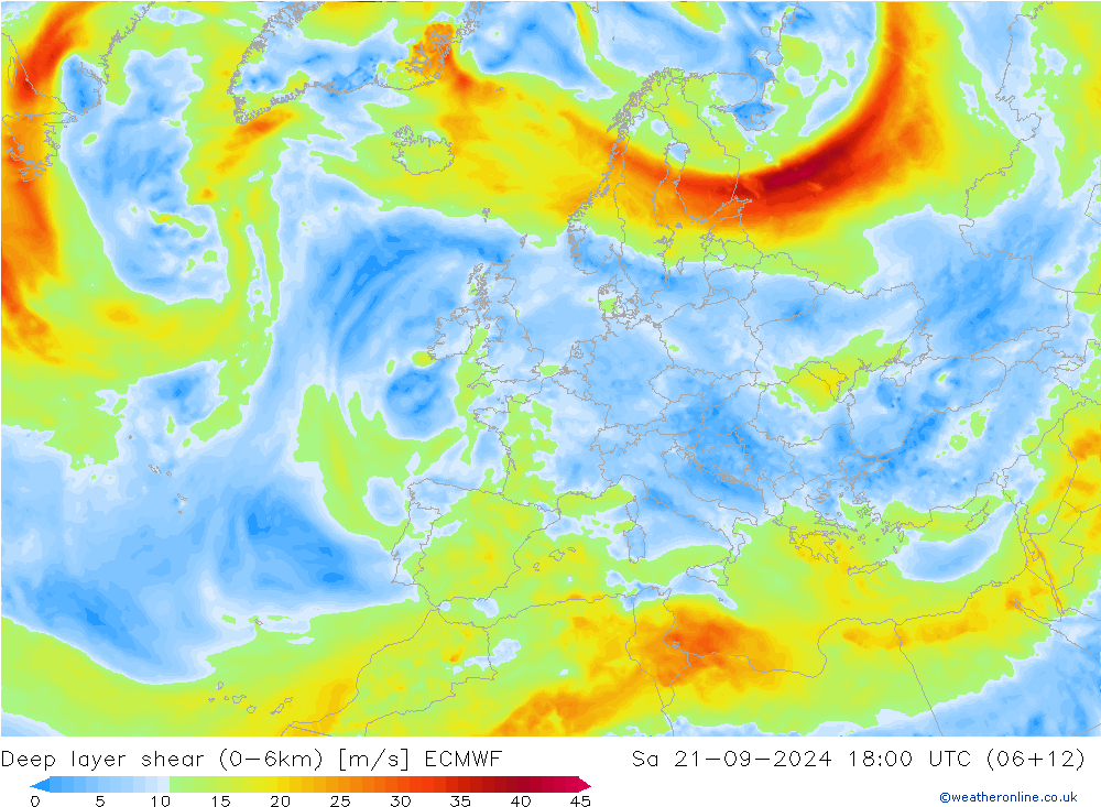 Deep layer shear (0-6km) ECMWF sáb 21.09.2024 18 UTC