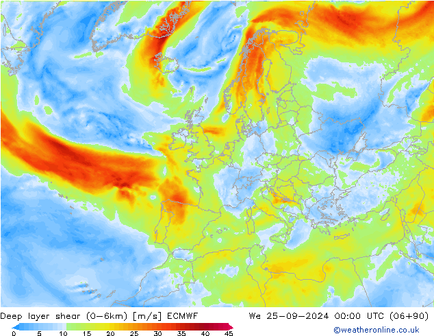 Deep layer shear (0-6km) ECMWF mié 25.09.2024 00 UTC