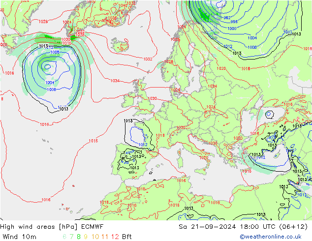 High wind areas ECMWF 星期六 21.09.2024 18 UTC