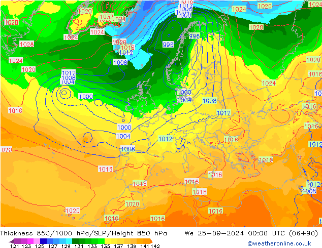 Espesor 850-1000 hPa ECMWF mié 25.09.2024 00 UTC