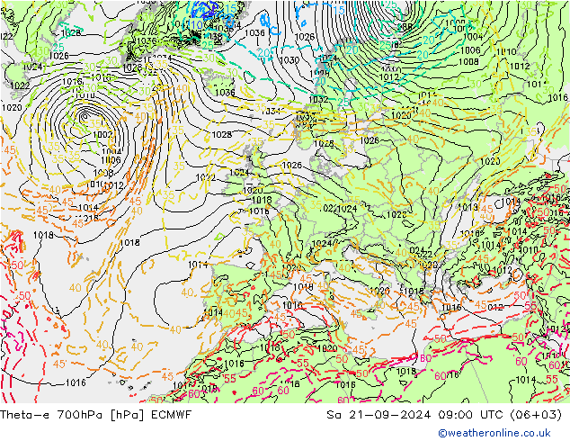 Theta-e 700hPa ECMWF 星期六 21.09.2024 09 UTC