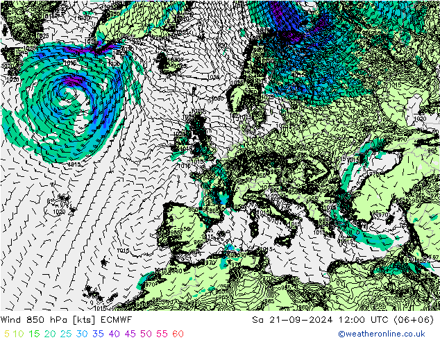 风 850 hPa ECMWF 星期六 21.09.2024 12 UTC