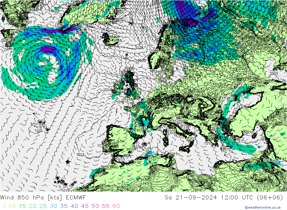 风 850 hPa ECMWF 星期六 21.09.2024 12 UTC