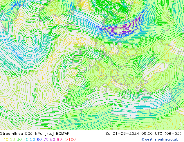 风 500 hPa ECMWF 星期六 21.09.2024 09 UTC