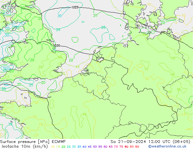 10米等风速线 (kph) ECMWF 星期六 21.09.2024 12 UTC