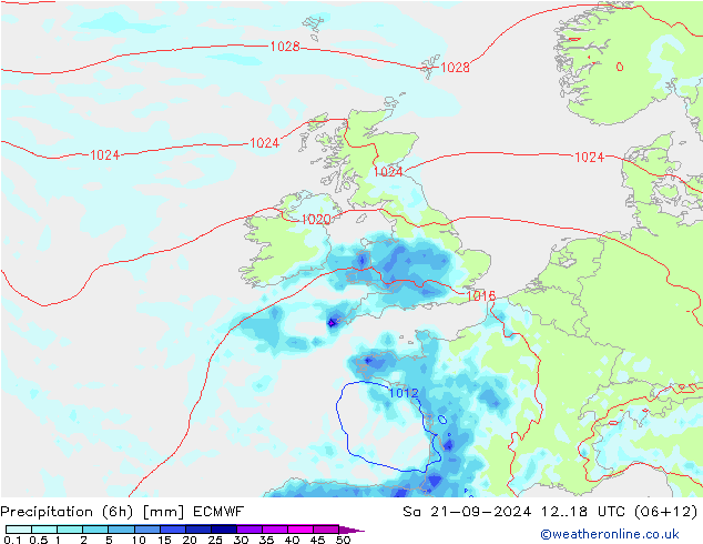 Precipitation (6h) ECMWF Sa 21.09.2024 18 UTC