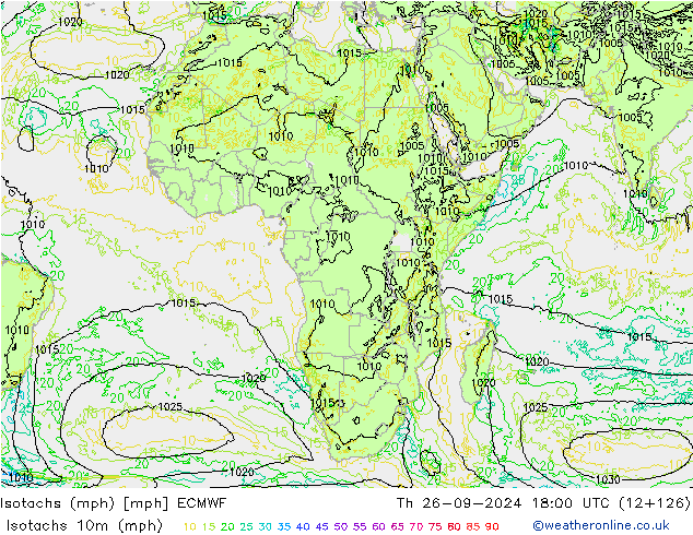 Isotachs (mph) ECMWF Qui 26.09.2024 18 UTC