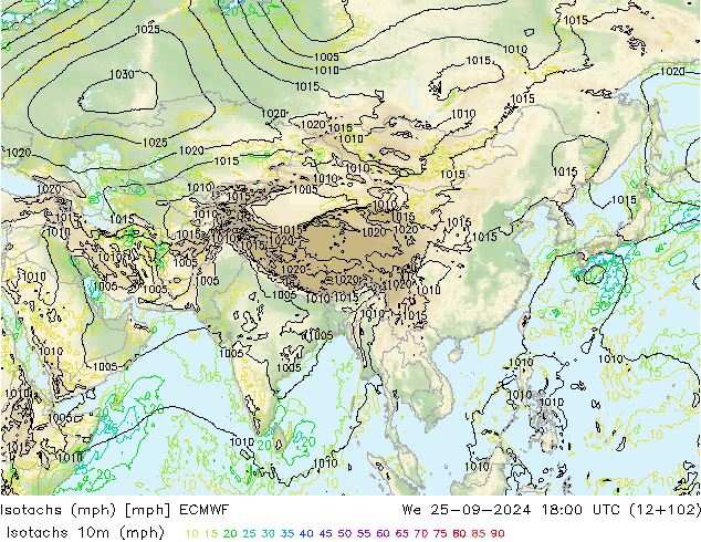 Isotachen (mph) ECMWF Mi 25.09.2024 18 UTC