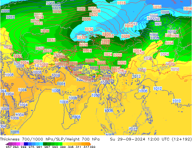 Thck 700-1000 hPa ECMWF Su 29.09.2024 12 UTC