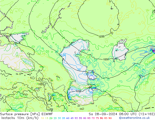 Isotachen (km/h) ECMWF Sa 28.09.2024 06 UTC