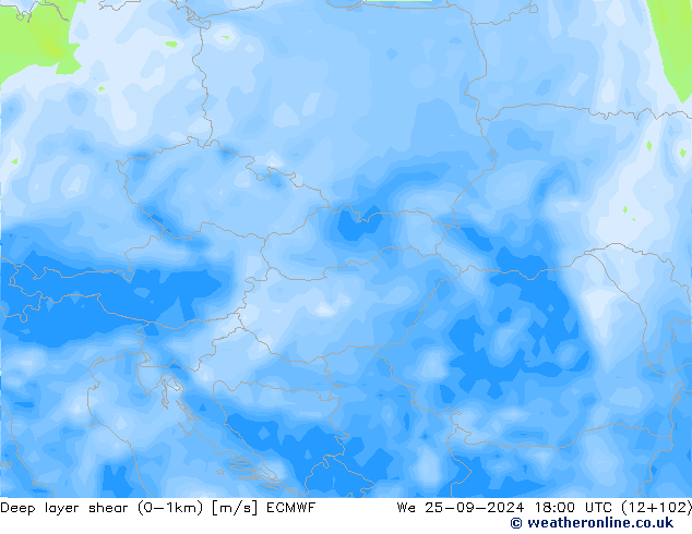 Deep layer shear (0-1km) ECMWF mer 25.09.2024 18 UTC