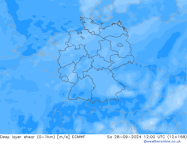 Deep layer shear (0-1km) ECMWF za 28.09.2024 12 UTC