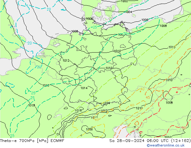 Theta-e 700hPa ECMWF Sa 28.09.2024 06 UTC