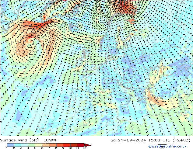 �N 10 米 (bft) ECMWF 星期六 21.09.2024 15 UTC