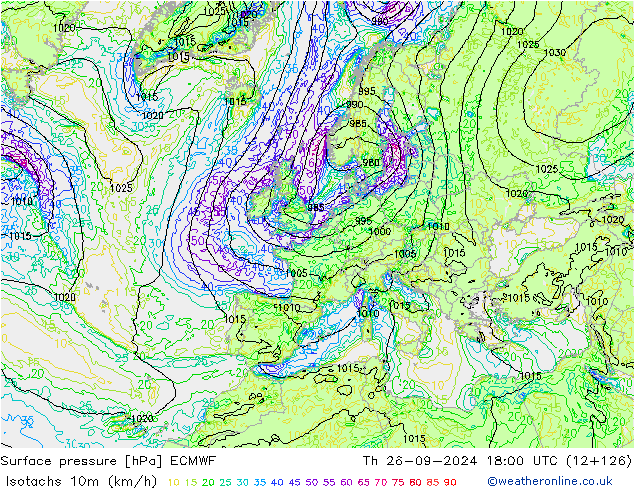 Isotachen (km/h) ECMWF Do 26.09.2024 18 UTC