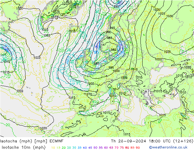 Isotachen (mph) ECMWF Do 26.09.2024 18 UTC