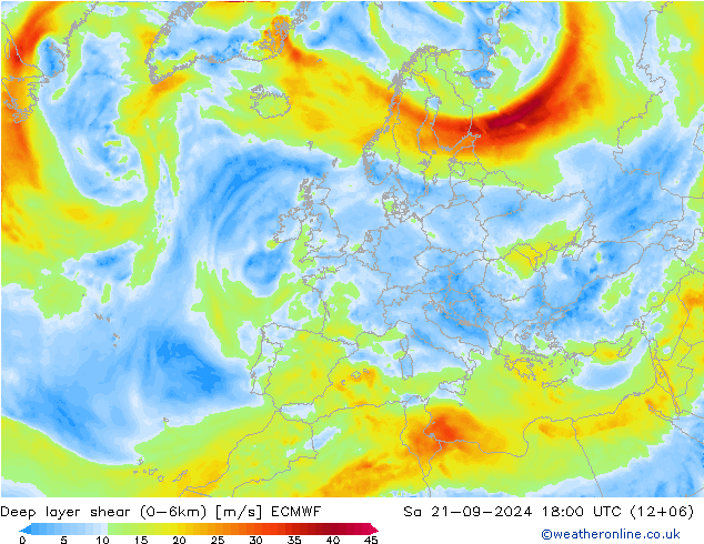 Deep layer shear (0-6km) ECMWF za 21.09.2024 18 UTC