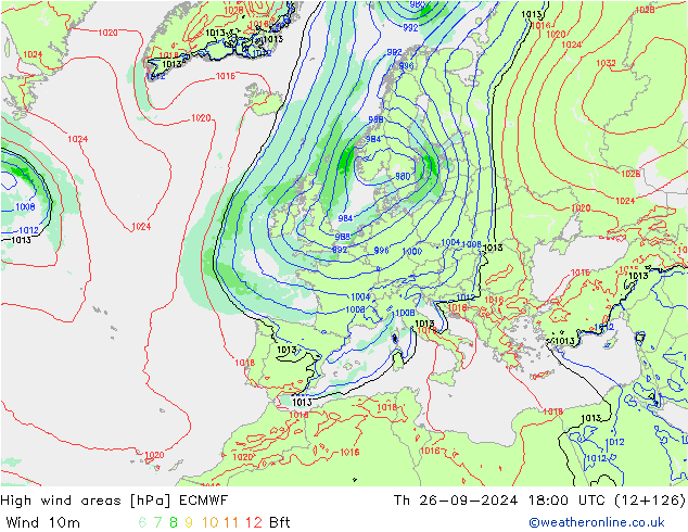 High wind areas ECMWF Th 26.09.2024 18 UTC