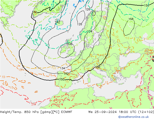 Height/Temp. 850 hPa ECMWF Mi 25.09.2024 18 UTC