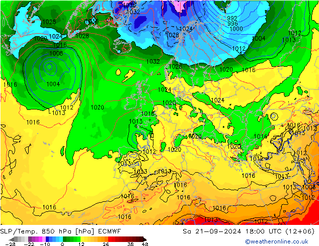 SLP/Temp. 850 hPa ECMWF 星期六 21.09.2024 18 UTC