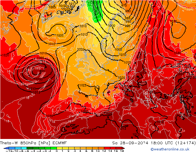 Theta-W 850hPa ECMWF Sáb 28.09.2024 18 UTC