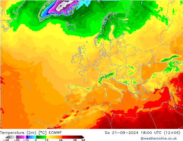 Temperatura (2m) ECMWF sáb 21.09.2024 18 UTC