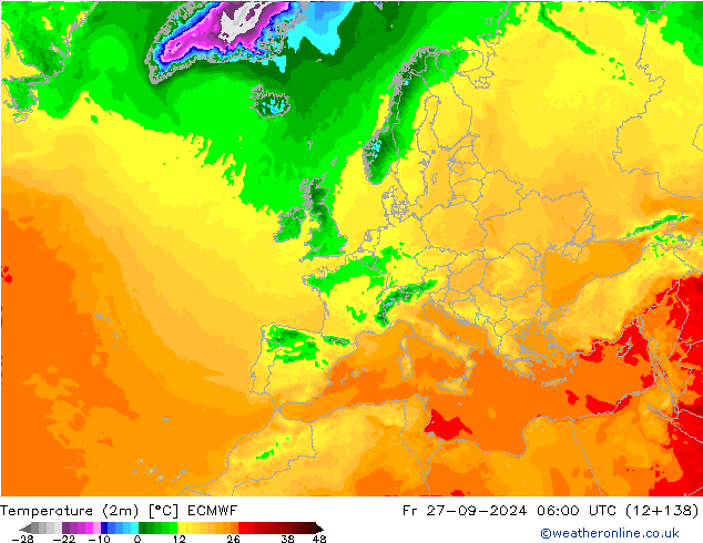 Temperatuurkaart (2m) ECMWF vr 27.09.2024 06 UTC