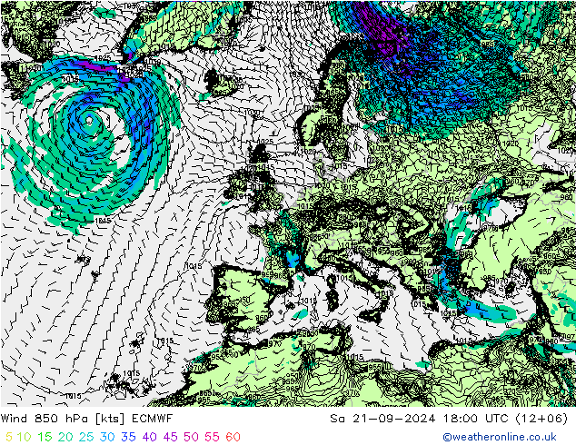 风 850 hPa ECMWF 星期六 21.09.2024 18 UTC