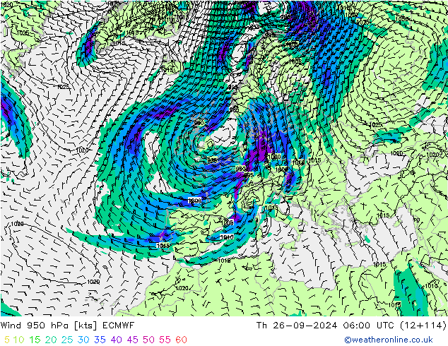 Wind 950 hPa ECMWF Do 26.09.2024 06 UTC