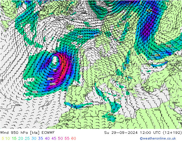 Wind 950 hPa ECMWF zo 29.09.2024 12 UTC