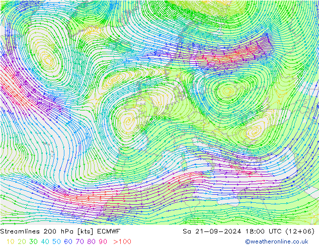 Stromlinien 200 hPa ECMWF Sa 21.09.2024 18 UTC