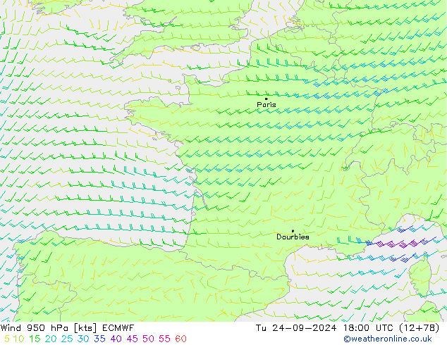 Vento 950 hPa ECMWF mar 24.09.2024 18 UTC