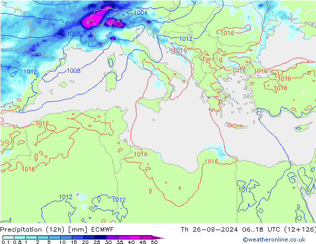 Precipitation (12h) ECMWF Th 26.09.2024 18 UTC