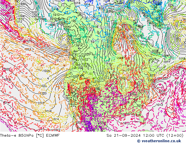 Theta-e 850hPa ECMWF 星期六 21.09.2024 12 UTC