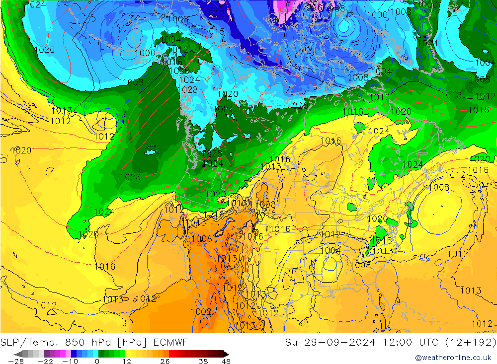 SLP/Temp. 850 гПа ECMWF Вс 29.09.2024 12 UTC