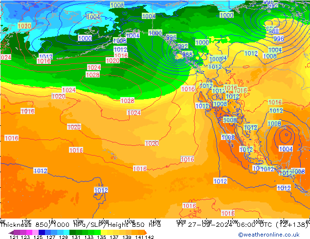 Dikte 850-1000 hPa ECMWF vr 27.09.2024 06 UTC