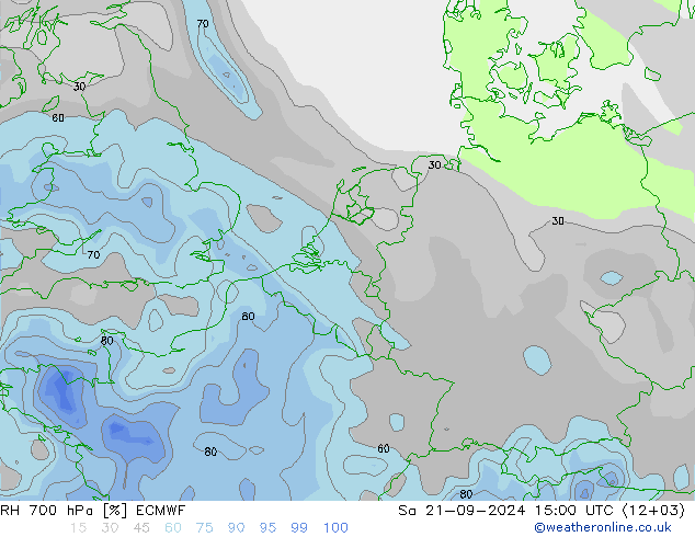 RH 700 hPa ECMWF 星期六 21.09.2024 15 UTC